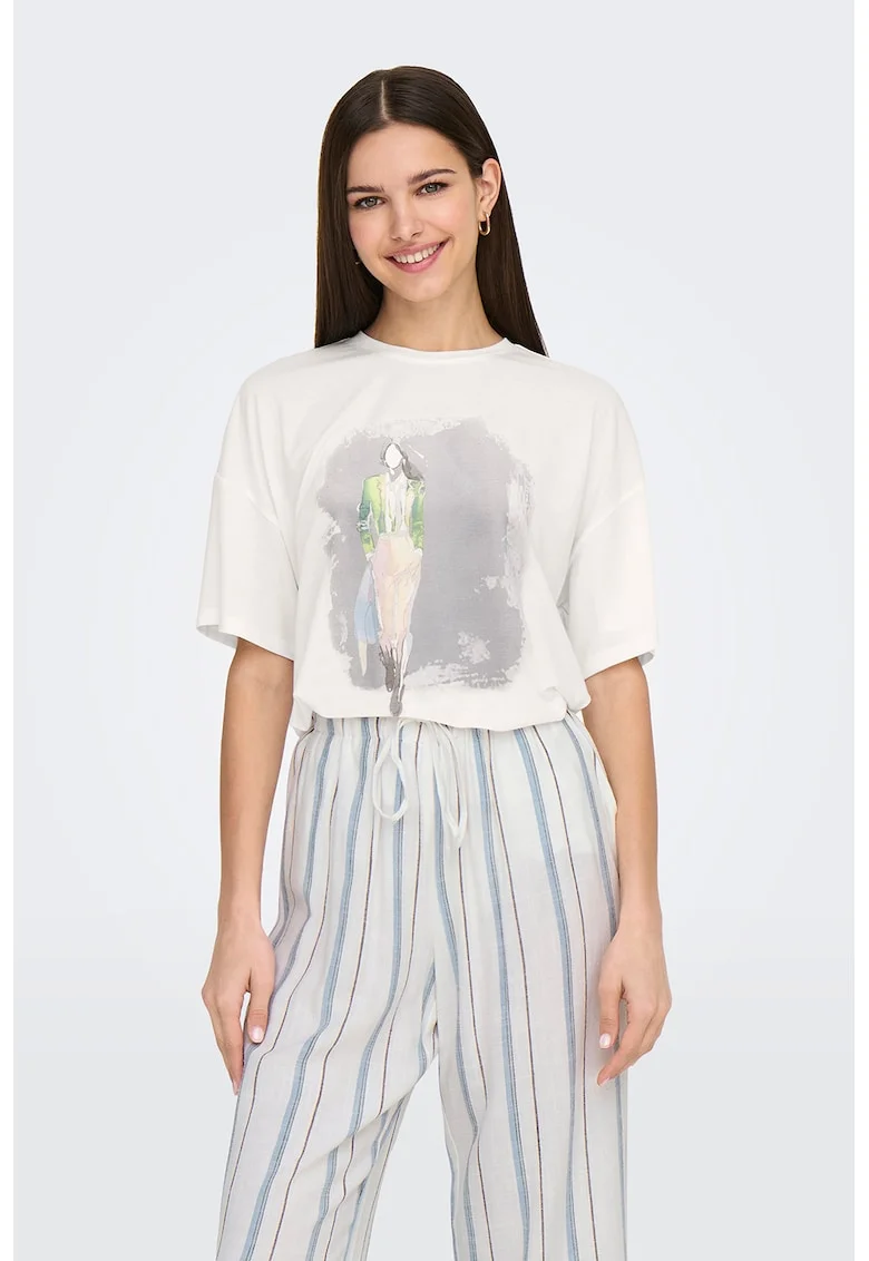 Tricou din amestec de lyocell cu imprimeu grafic, Gri/Alb murdar
