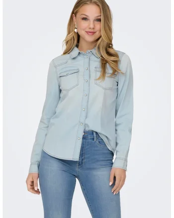 Camasa de denim cu buzunare pe piept, Albastru deschis