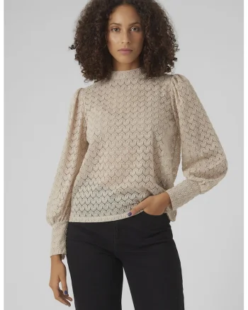 Bluza semitransparenta cu guler scurt, Crem