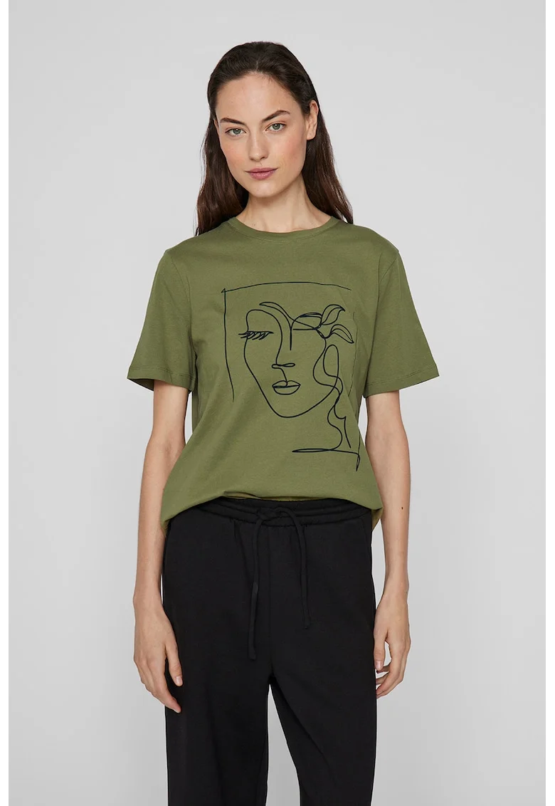 Tricou din bumbac organic cu decolteu la baza gatului, Negru/Verde feriga