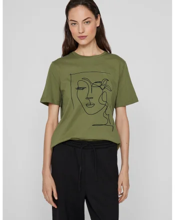 Tricou din bumbac organic cu decolteu la baza gatului, Negru/Verde feriga