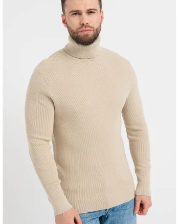 Pulover striat cu guler inalt, Bej