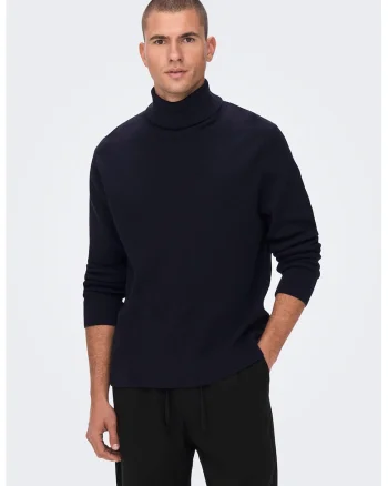 Pulover striat cu guler inalt, Bleumarin