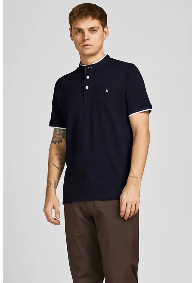 Tricou din bumbac organic cu fenta cu nasturi Paulos, Bleumarin