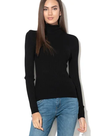 Pulover din tricot cu striatii si guler inalt Karol, Negru