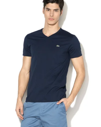 Tricou din bumbac cu decolteu in V, Bleumarin