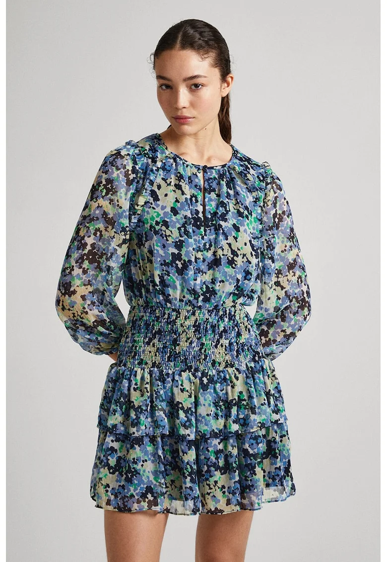Rochie evazata cu model floral, Galben/Albastru