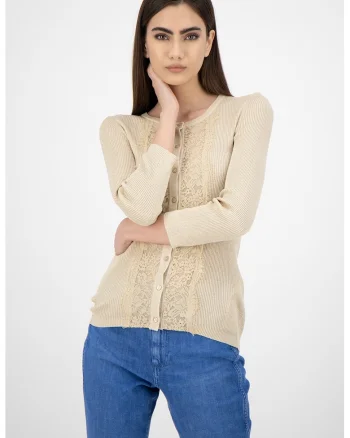Cardigan cu insertii din lurex si dantela, Auriu deschis