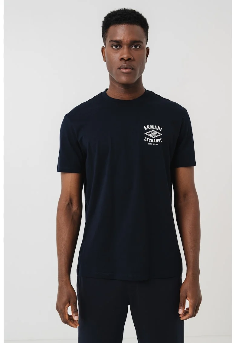 Tricou cu imprimeu logo si decolteu la baza gatului, Alb/Negru stins