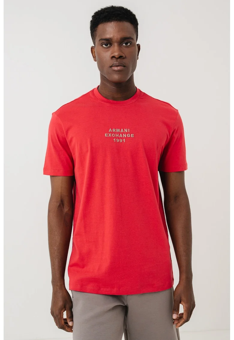 Tricou cu logo si decolteu la baza gatului, Rosu/Kaki