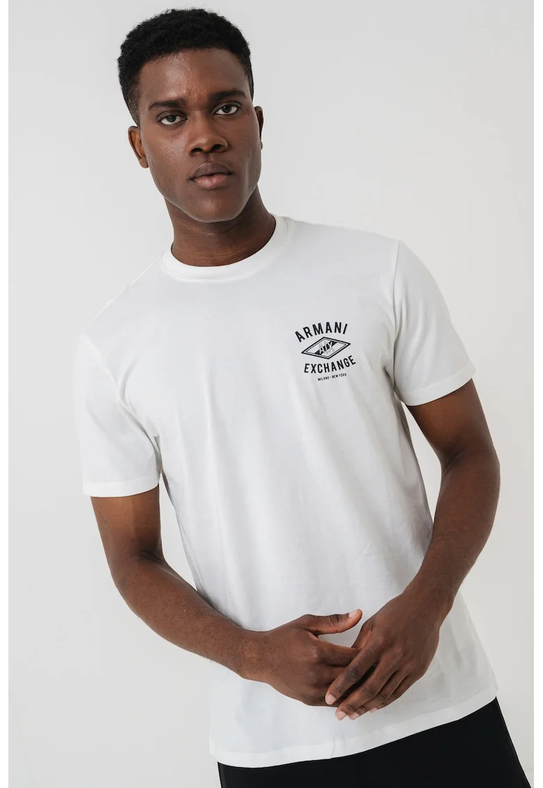 Tricou cu imprimeu logo si decolteu la baza gatului, Negru/Alb murdar