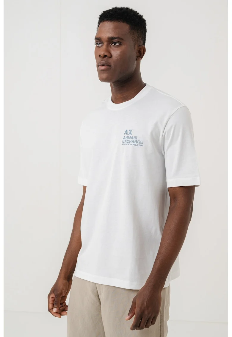 Tricou din bumbac cu logo pe piept si decolteu la baza gatului, Alb/Albastru petrol