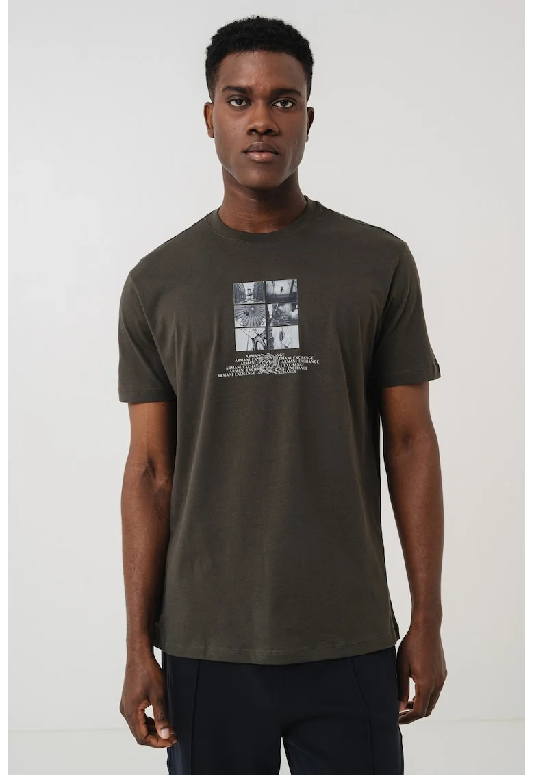 Tricou din bumbac cu imprimeu logo si foto, Alb/Gri antracit