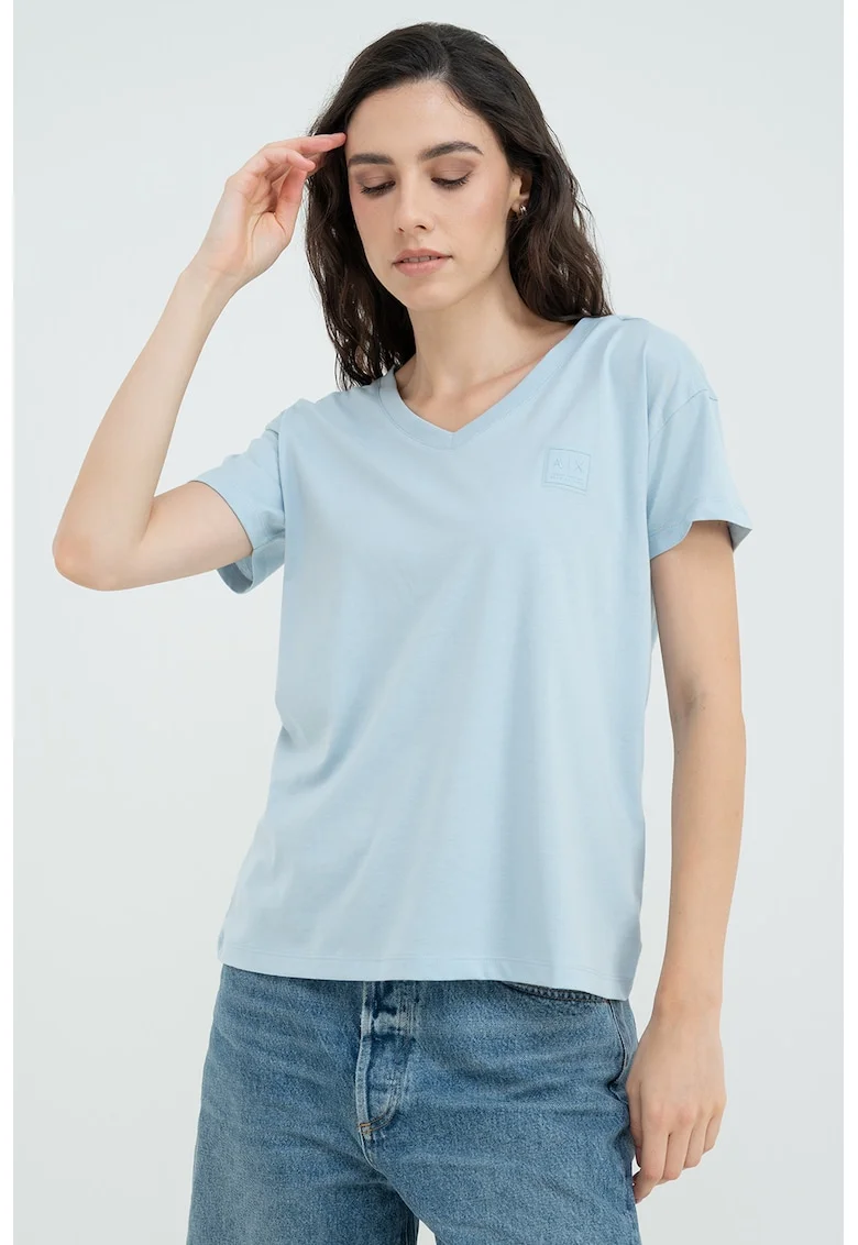 Tricou lejer cu decolteu in V si maneci cazute, Albastru azur