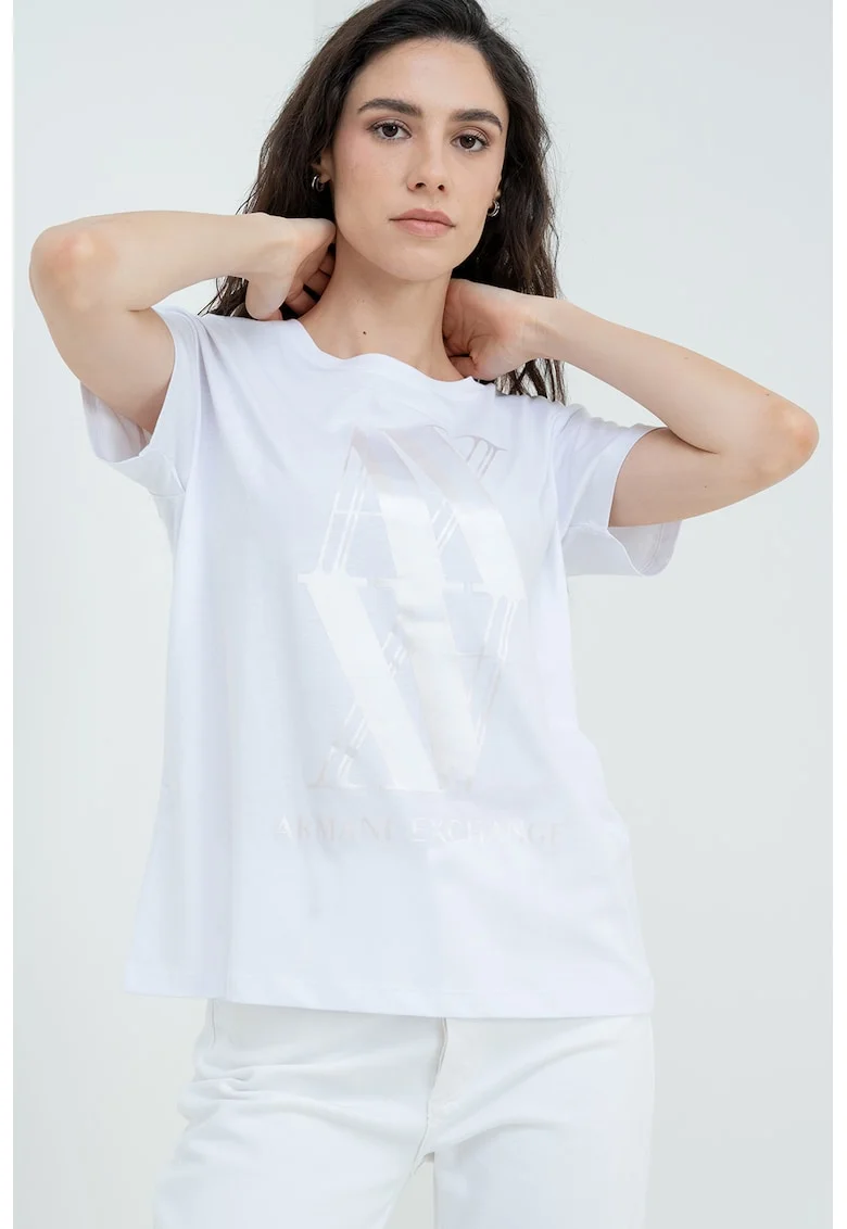 Tricou lejer cu decolteu rotund, Alb fildes/Bej