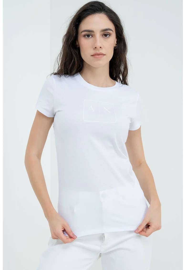 Tricou slim fit cu decolteu la baza gatului, Alb