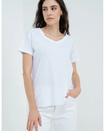 Tricou lejer cu decolteu in V si maneci cazute, Alb