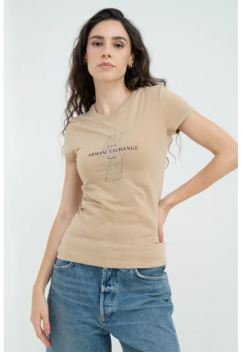Tricou din amestec de bumbac cu logo, Negru/Maro deschis