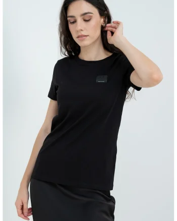 Tricou de bumbac cu decolteu la baza gatului, Negru