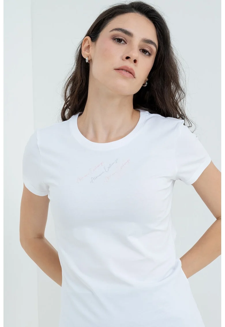 Tricou slim fit cu imprimeu logo discret, Alb