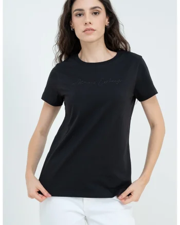 Tricou de bumbac cu decolteu la baza gatului, Negru