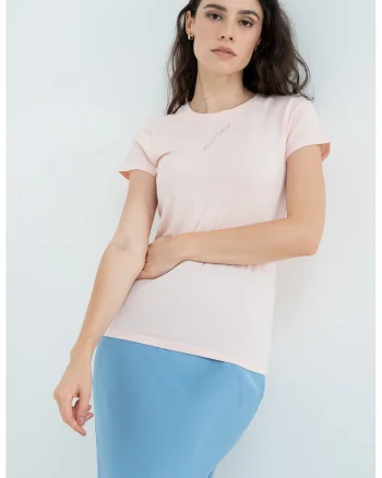 Tricou slim fit cu imprimeu logo discret, Roz pal