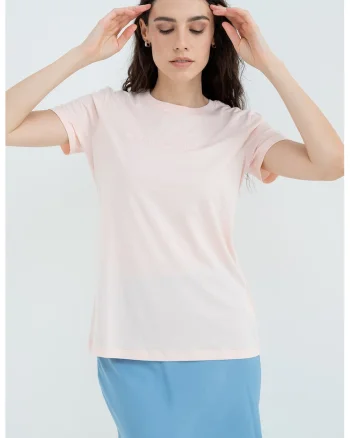 Tricou de bumbac cu decolteu la baza gatului, Piersica