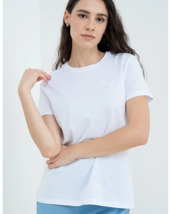Tricou de bumbac cu decolteu la baza gatului, Alb optic
