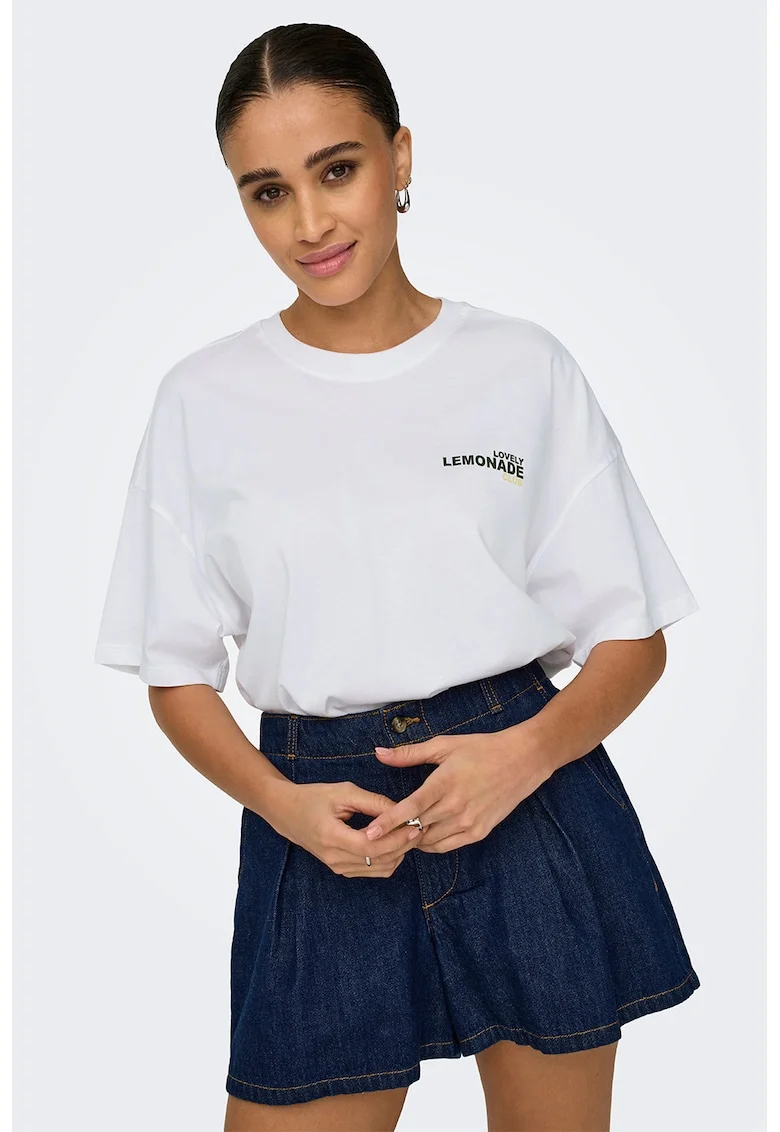 Tricou din bumbac organic cu imprimeu si maneci cazute, Alb/Galben