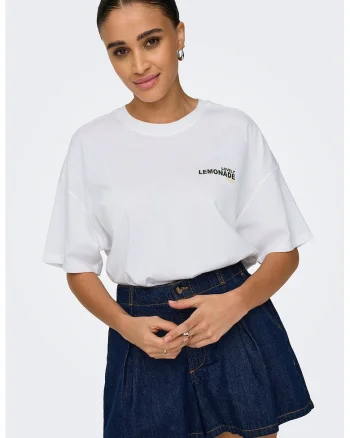 Tricou din bumbac organic cu imprimeu si maneci cazute, Alb/Galben