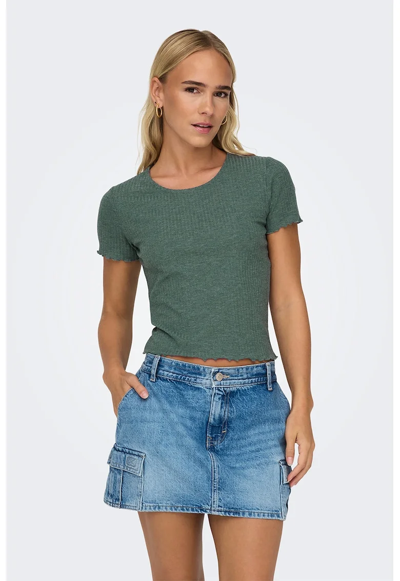 Tricou crop cu croiala slim-fit si aspect striat, Verde melange