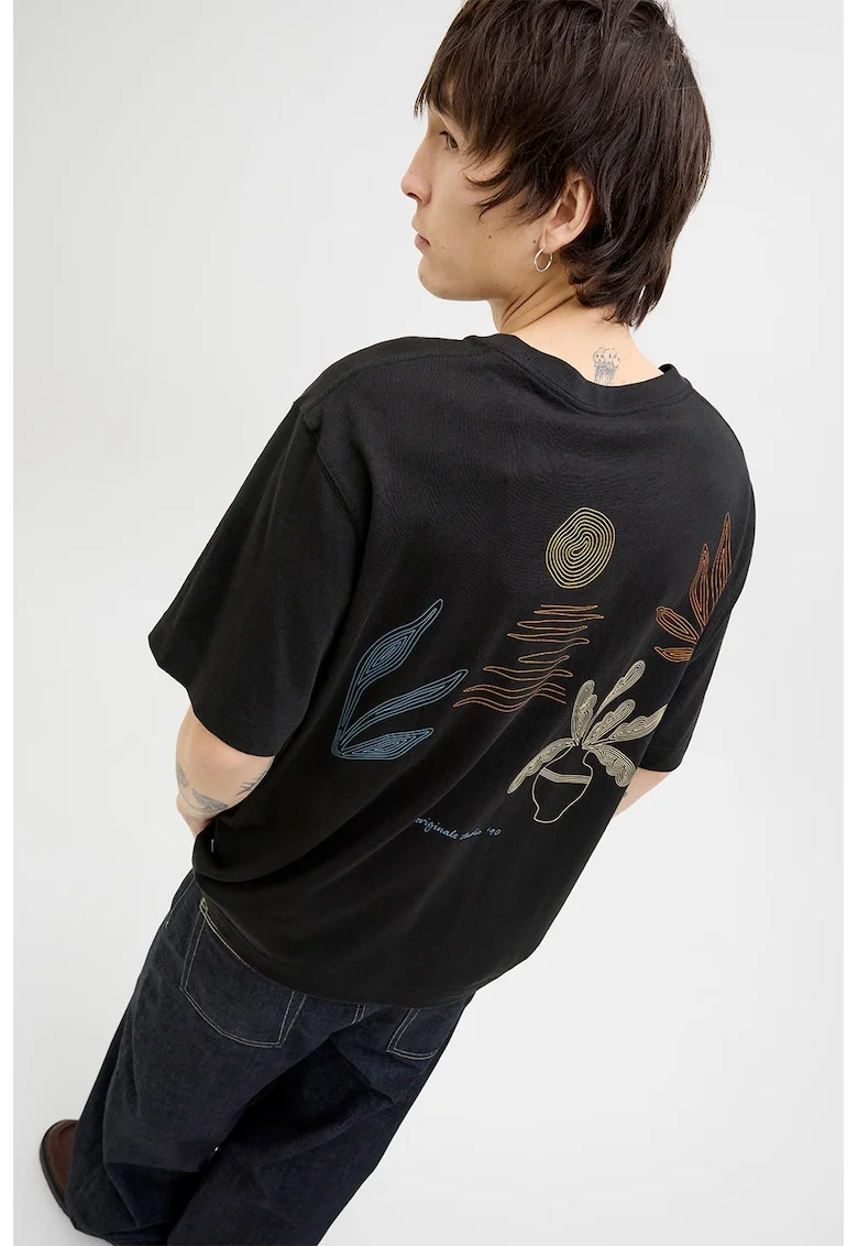 Tricou cu imprimeu grafic pe partea din spate, Negru/Albastru prafuit/Galben pal