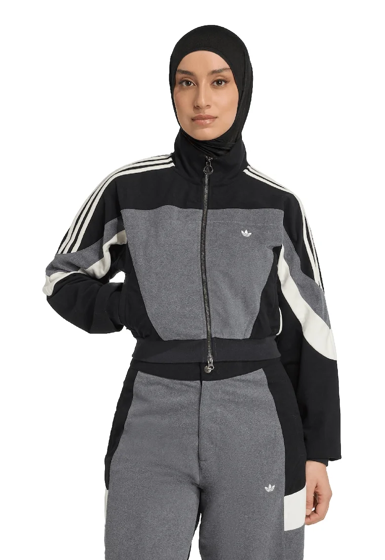 Bluza de trening cu fermoar si guler mediu, Negru/Alb murdar/Gri inchis