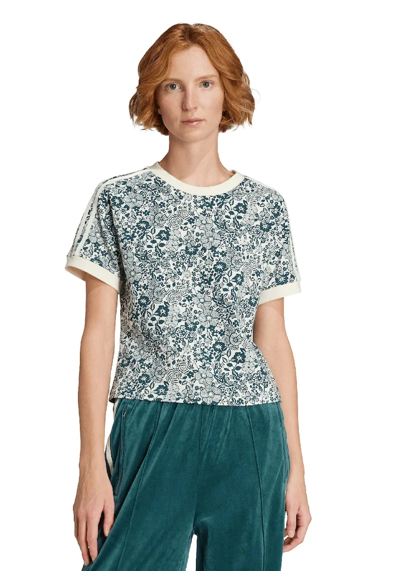 Tricou cu model floral, Alb fildes/Albastru petrol