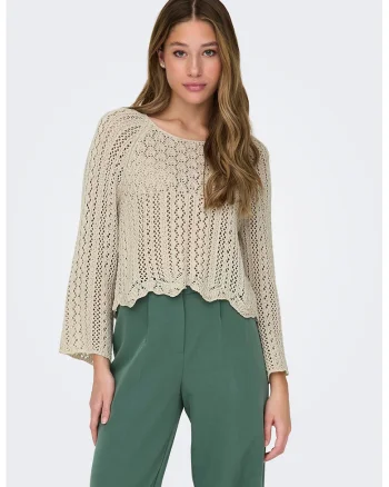 Pulover de macramé cu maneci raglan, Maro deschis