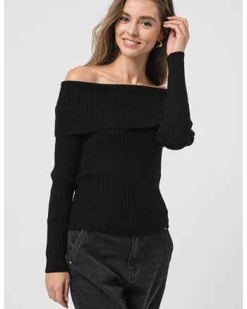 Pulover striat cu decolteu pe umeri Katia, Negru