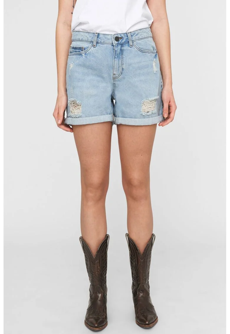Pantaloni scurti din denim cu detalii cu aspect deteriorat, Albastru deschis