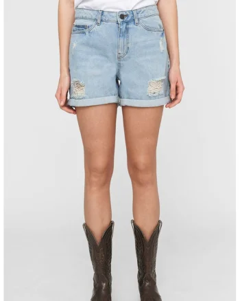 Pantaloni scurti din denim cu detalii cu aspect deteriorat, Albastru deschis