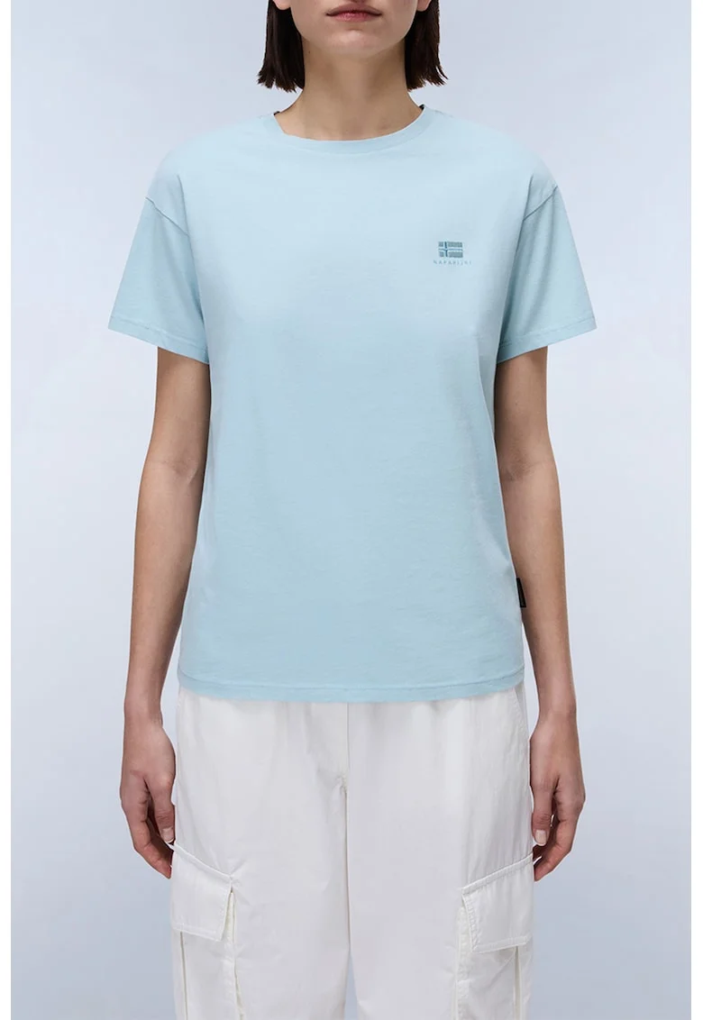 Tricou de bumbac cu decolteu la baza gatului Nina, Albastru pastel