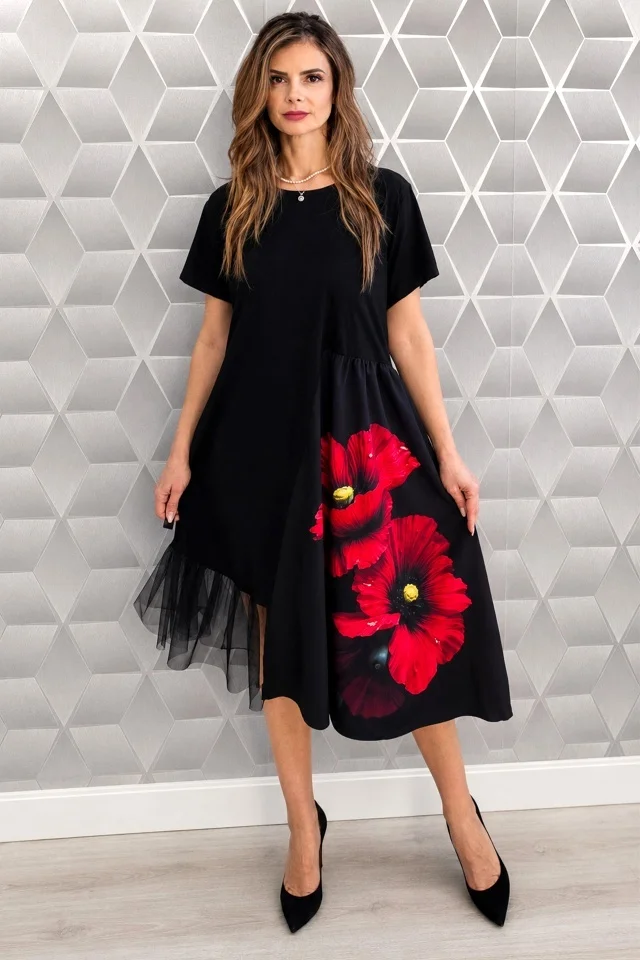 Rochie de zi Arty Fiora, cu tull si maneca scurta, Velvet Poppy, Marime S/M/L