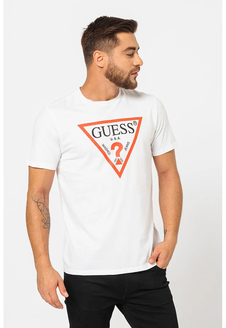 Tricou de bumbac cu imprimeu logo, Alb optic/Rosu deschis