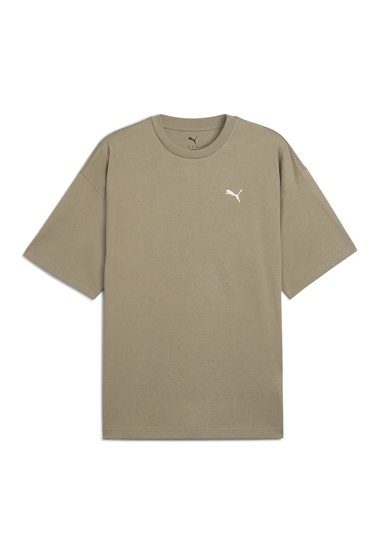 Tricou de bumbac cu decolteu la baza gatului si logo discret, Maro deschis