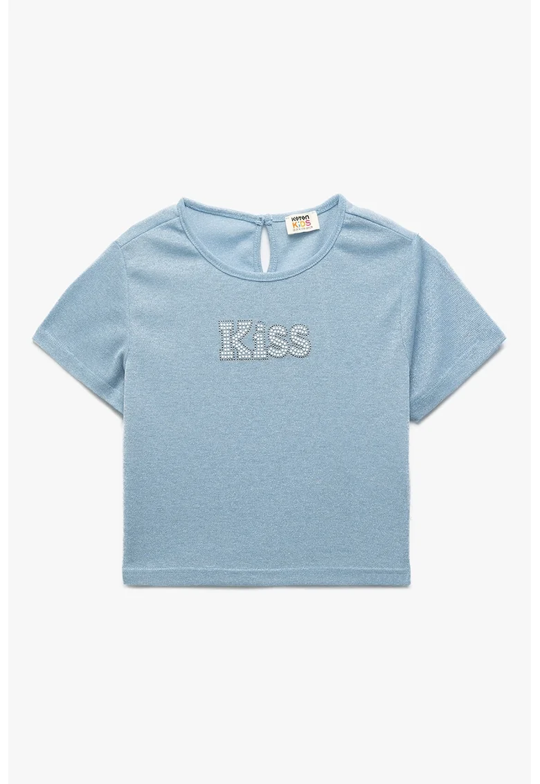Tricou cu logo din strasuri si insertii din fibra metalizata, Albastru pastel