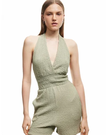 Salopeta texturata cu decolteu halter si talie elastica, Verde pal