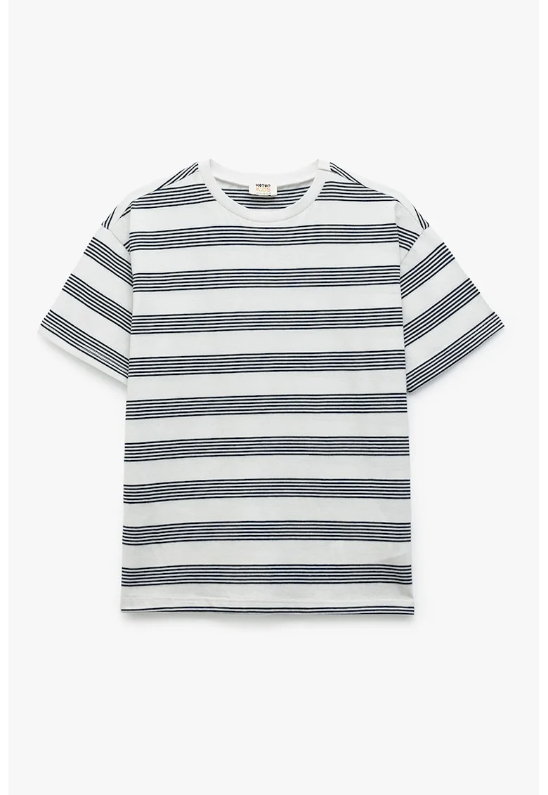 Tricou cu model in dungi si decolteu la baza gatului, Negru stins/Alb murdar