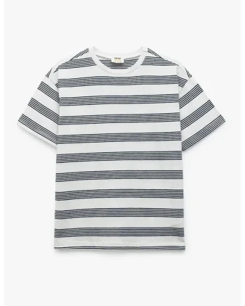 Tricou cu model in dungi si decolteu la baza gatului, Negru stins/Alb murdar
