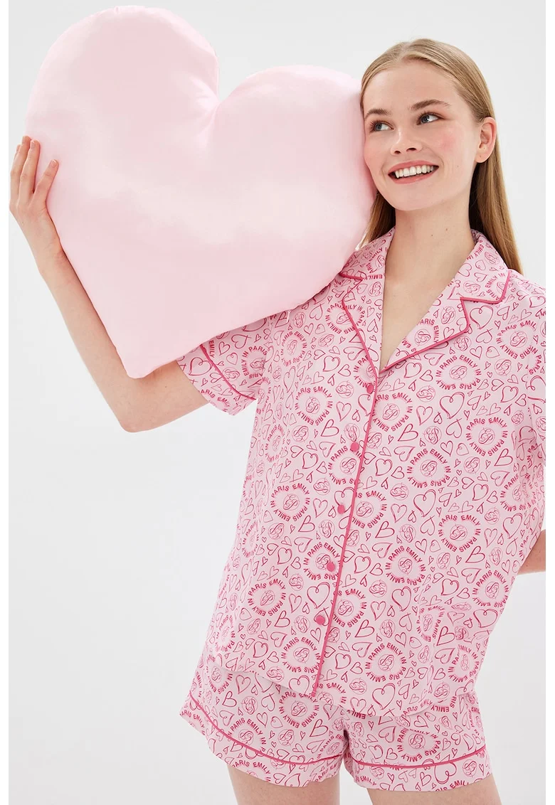 Pantaloni scurti de pijama cu snur de ajustare si model cu inimi, Roz pastel/Roz fandango
