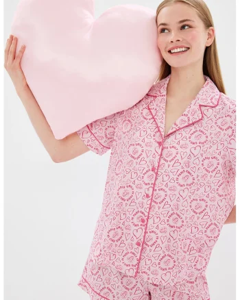 Pantaloni scurti de pijama cu snur de ajustare si model cu inimi, Roz pastel/Roz fandango