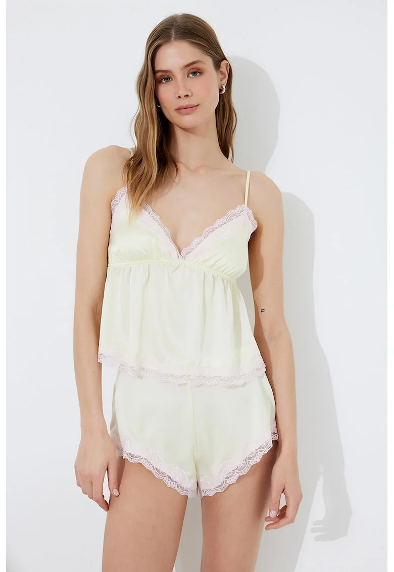 Top de pijama cu aspect satinat si captuseala din dantela, Galben