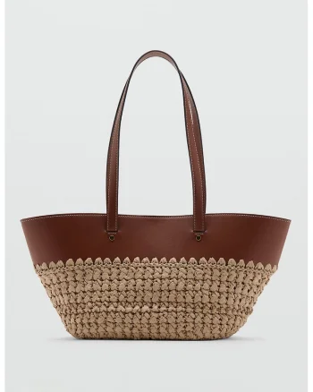 Geanta shopper cu insertie tesuta, Maro scortisoara/Maro camel